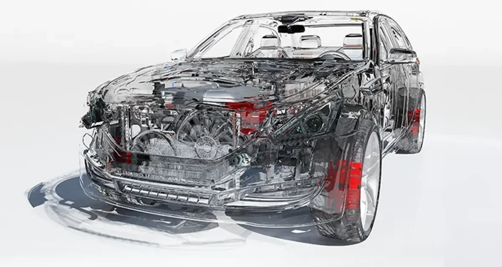 Transparente 3D-Darstellung eines Pkw: Motor, Kühler, Leitungen und Fahrwerk sind sichtbar; einzelne Bauteile wie Federbeine/Bremsen rot hervorgehoben vor hellem Hintergrund.